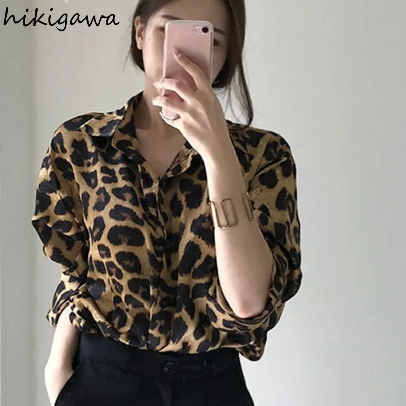 Retro Leopard Print Blouses Women Clothes Camisas De Mujer Long Sleeve Summer Korean Chic Shirts Casual Fashion Oversized Tops