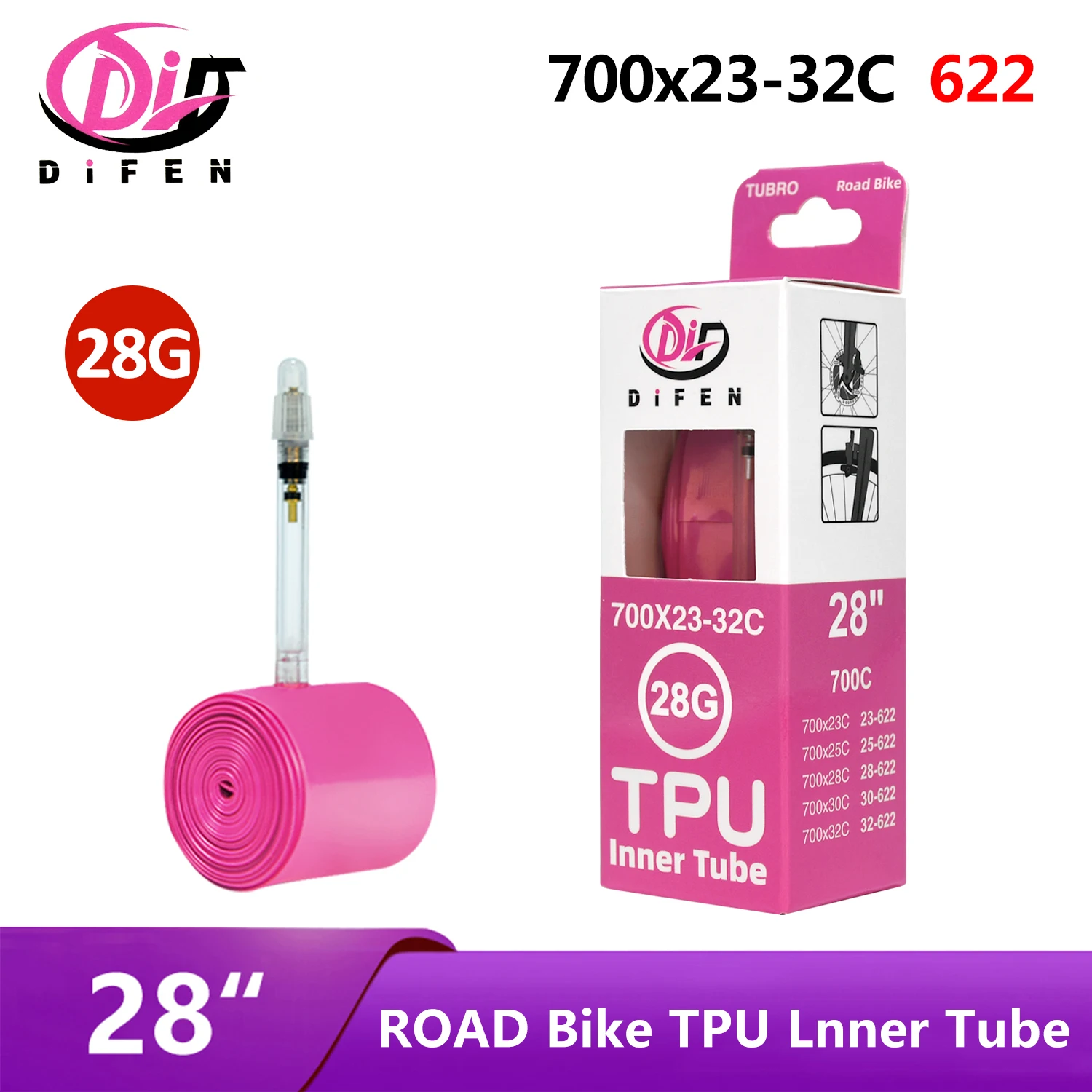 Difen TPU Road Bicycle Inner Tube 700C 700x23C-32C Tire Bicycle Camera 28g, Bicycle Presta Valve Tire, Leak Proof and Puncture