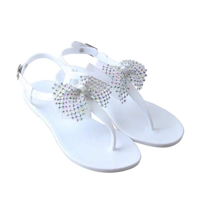 Lady Jelly PVC Plastic Sandals With Buckle Strap Crystal Big Bowtie Shoes Clear Pinkish Thongs Chaussure Wide Fits 36-42 Lesiure