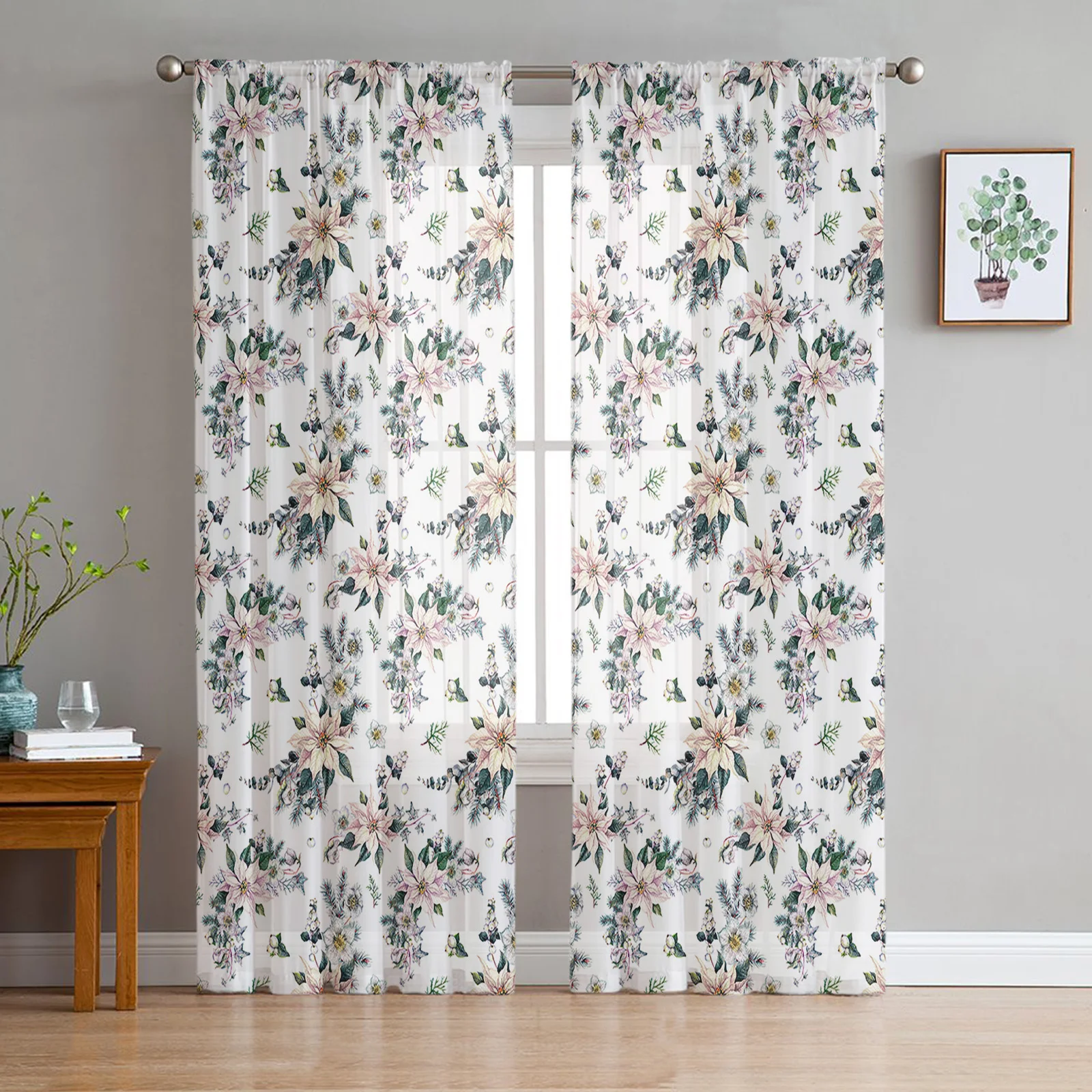 

Christmas Flower Plant Sheer Curtains Christmas Home Decorations Window Tulle Curtains for Living Room Bedroom