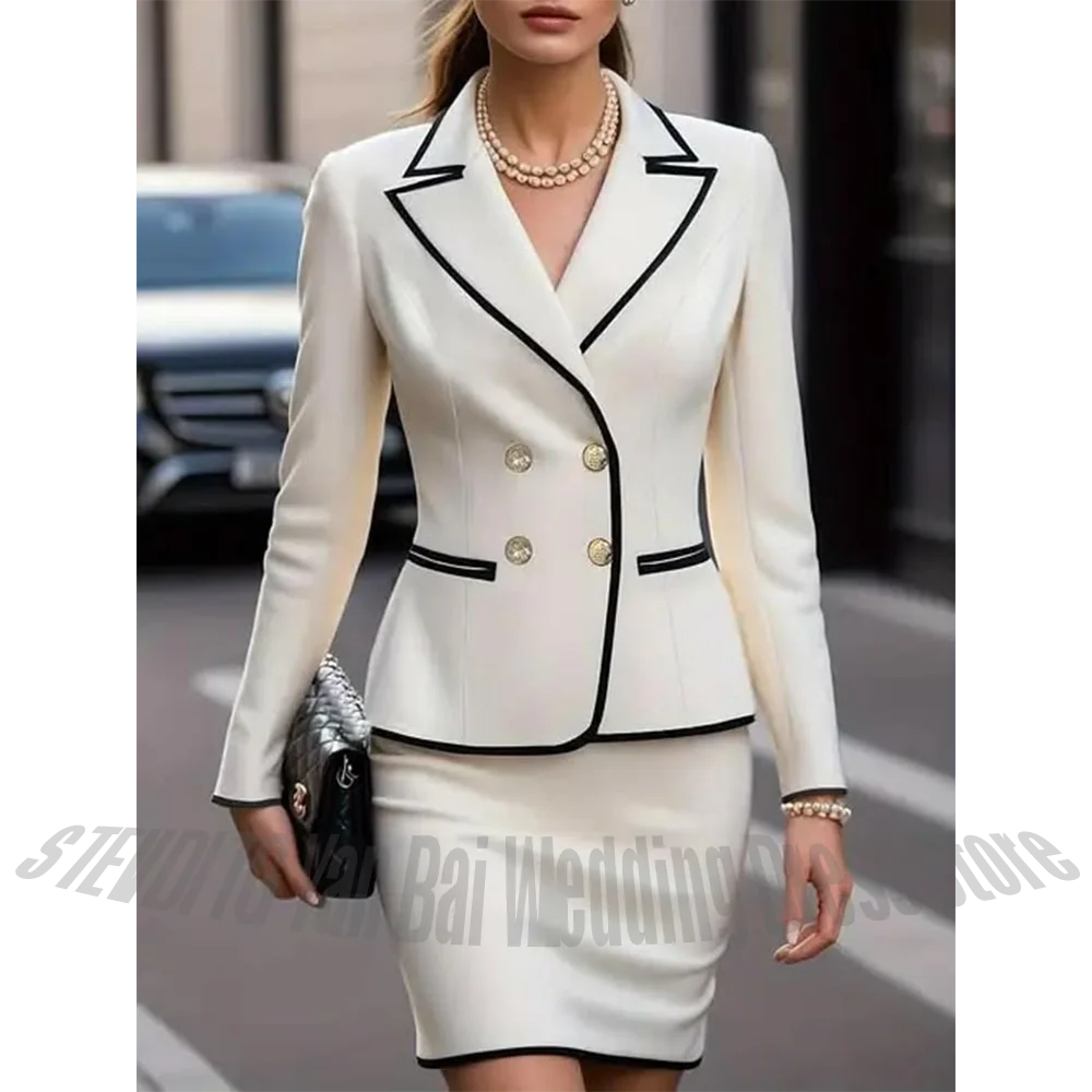 

White Black Trim Women Skirt Suit Double Breasted Blazer Mini Skirt Office Formal Interview Wedding Party Matching Outfit Set