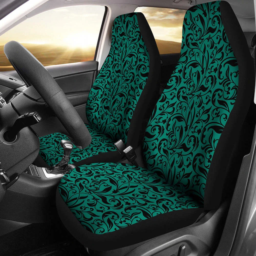 

Emerald Green Car Seat Covers Set With Black Vintage Floral Design,Pack of 2 Universal Front Seat Protective Cover