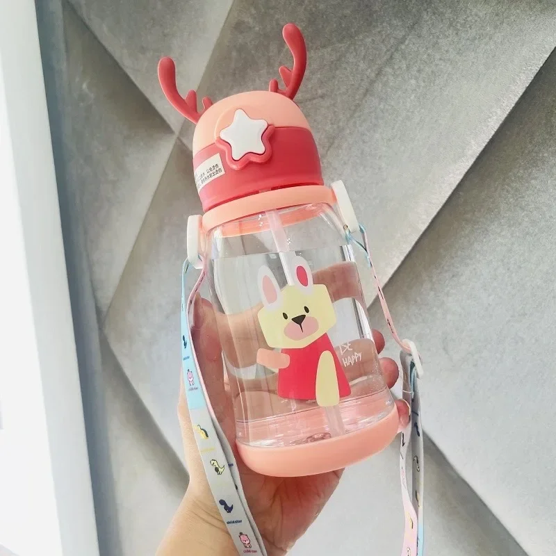 600ML Kids Water Sippy Cup Antler Creative Cartoon Baby Feeding with Straws Leakproof Bottles Outdoor Children's