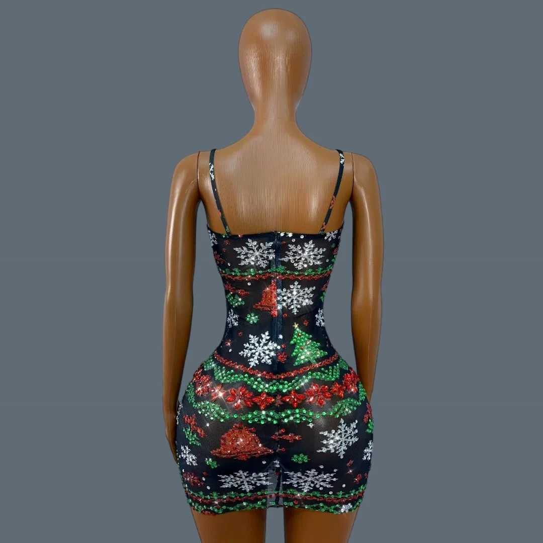 Christmas Tree Snowflakes Sparkly Rhinestone Spaghetti Strap Dress Sexy Women See Through Mesh Mini Dress Party Wear Shengdanshu