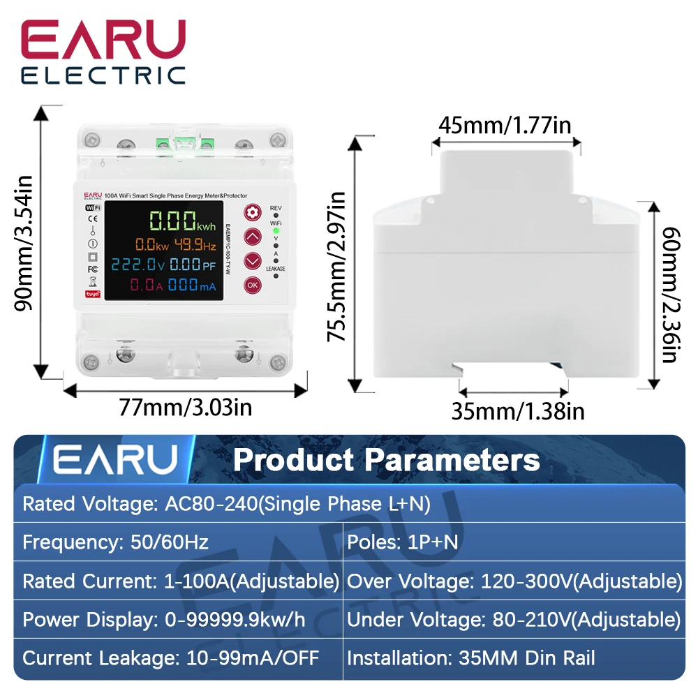Compteur de puissance intelligent WiFi Tuya EARU, moniteur de kWh, protection contre les surtensions et les sous-tensions, protection contre les fuites à la terre, interrupteur à relais temporisé. 2