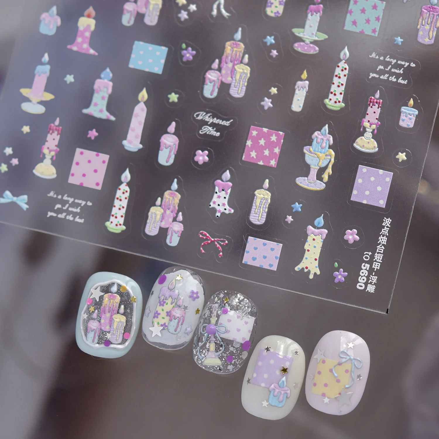 

5D Light Blue Bow Plaid Nail Art Decals Candle Holder Fresh Candelabra Checkered Square Nail Art Stickers Self Adhesive Manicure