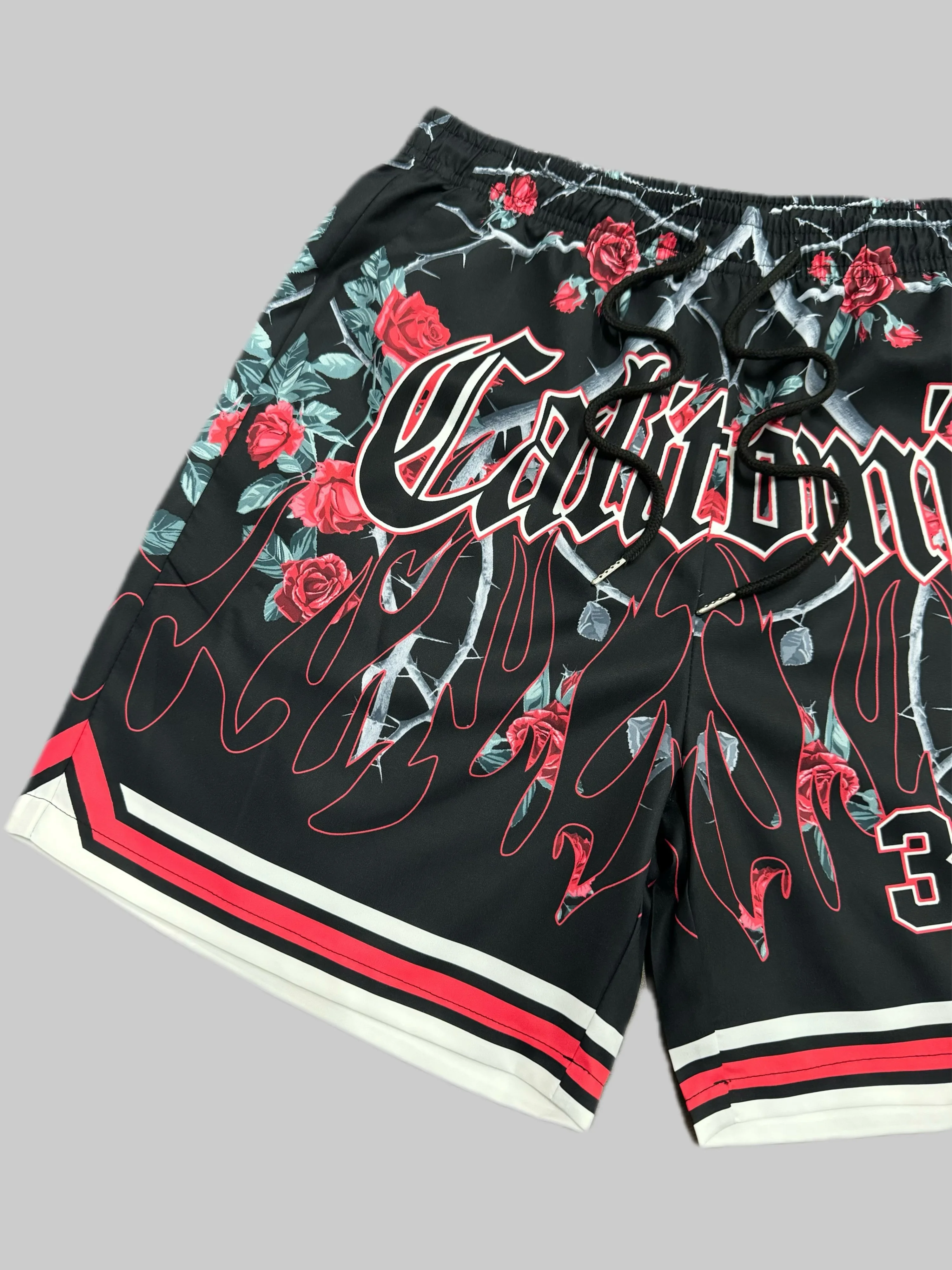 3D Stylish Rose & Fire Print Drawstring Shorts Flat Front, Chic Summer Fashion Shorts with Pockets for Sports Basketball