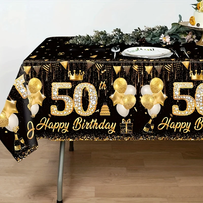 Halloween & Christmas 50th Birthday Disposable Tablecloth - Black and Golden Balloon Cake Design,wedding decorations,summer deco