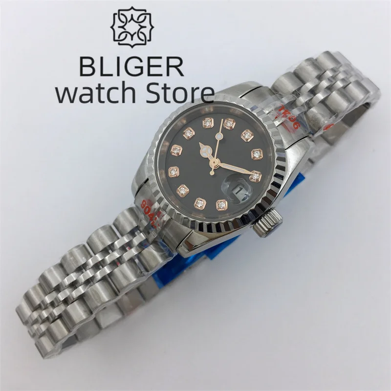 Bliger 26mm Japan nh05 Automatik uhr für Damen graues Zifferblatt Roségold Diamant Index Datum Saphirglas Silber Jubiläums armband