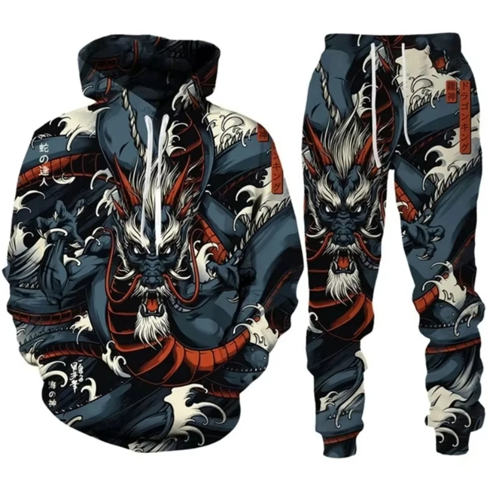 New Retro 3D Printed Dragon Pattern Hoodie Set Men's Tennis Sportswear Y2k 3D Printed Casual Sweatshirt Set Hip Hop Streetwear