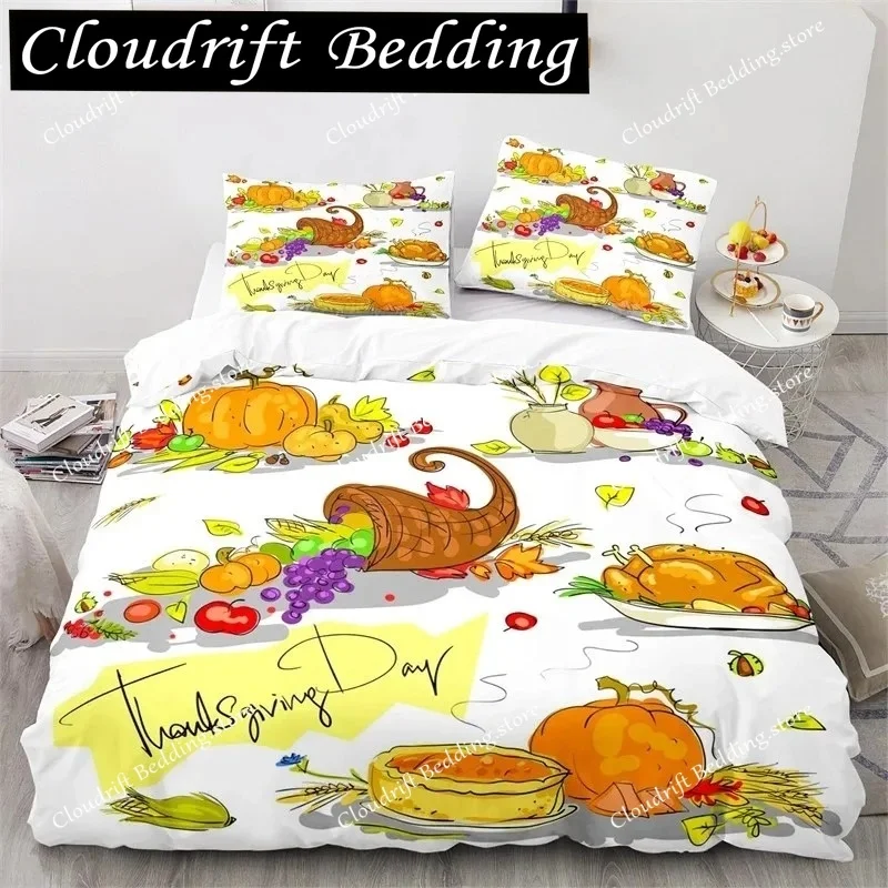 Thanksgiving Day King Duvet Cover Cartoon Pumpkin Turkey Bedding Set Microfiber Maple Leaves Comforter Cover For Boys Girls Teen