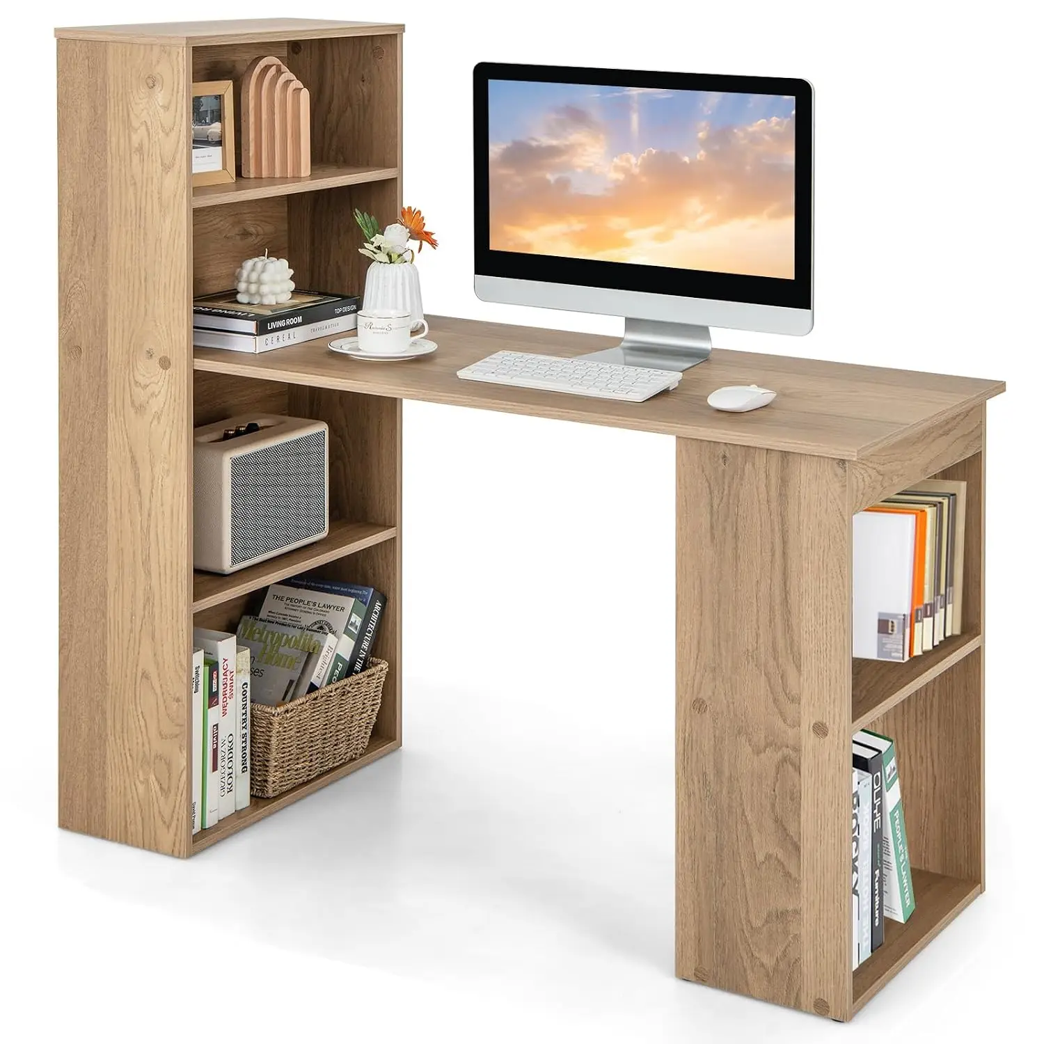 48 Inch Computer Desk with Bookshelf & 4-Tier Bookcase, Reversible Writing Table with CPU Stand for Home Office Bedroom Study, N