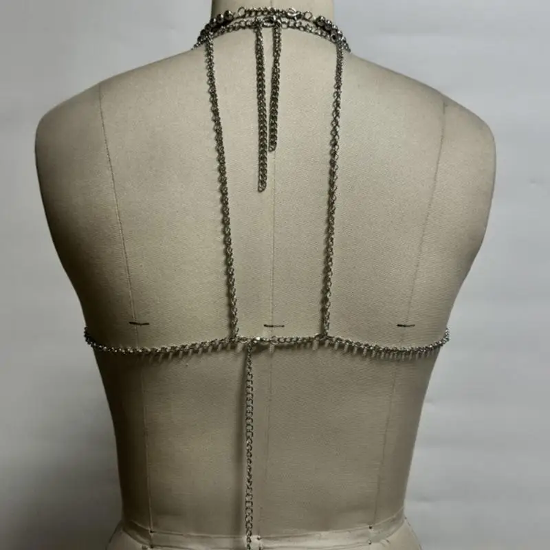 31BF Halter Crop Top Body Chain Contrast Beaded Tassels Jewelry Bra for Women