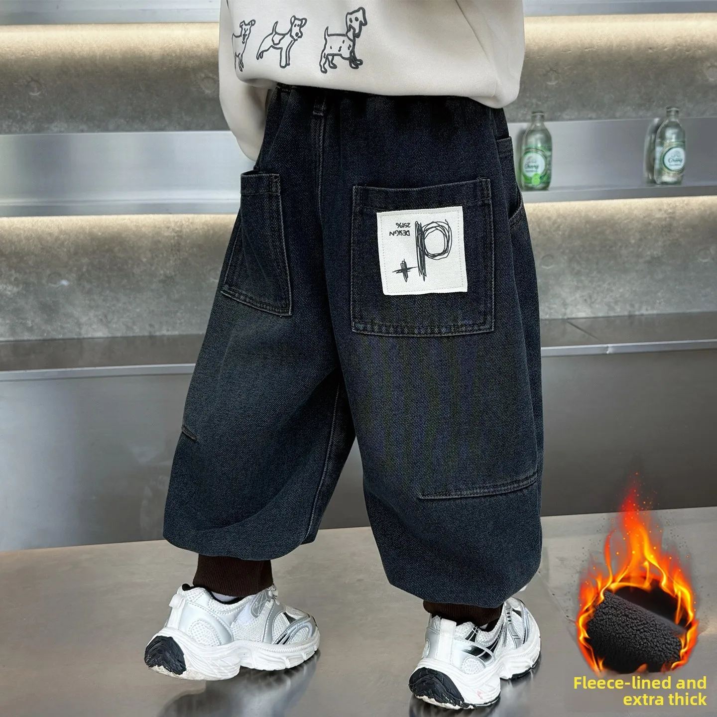 

Thiened Fce Winter Denim Jeans for Boys with Ba ket Patched Labels Inteated Fce Long Pants for Kids And Babies