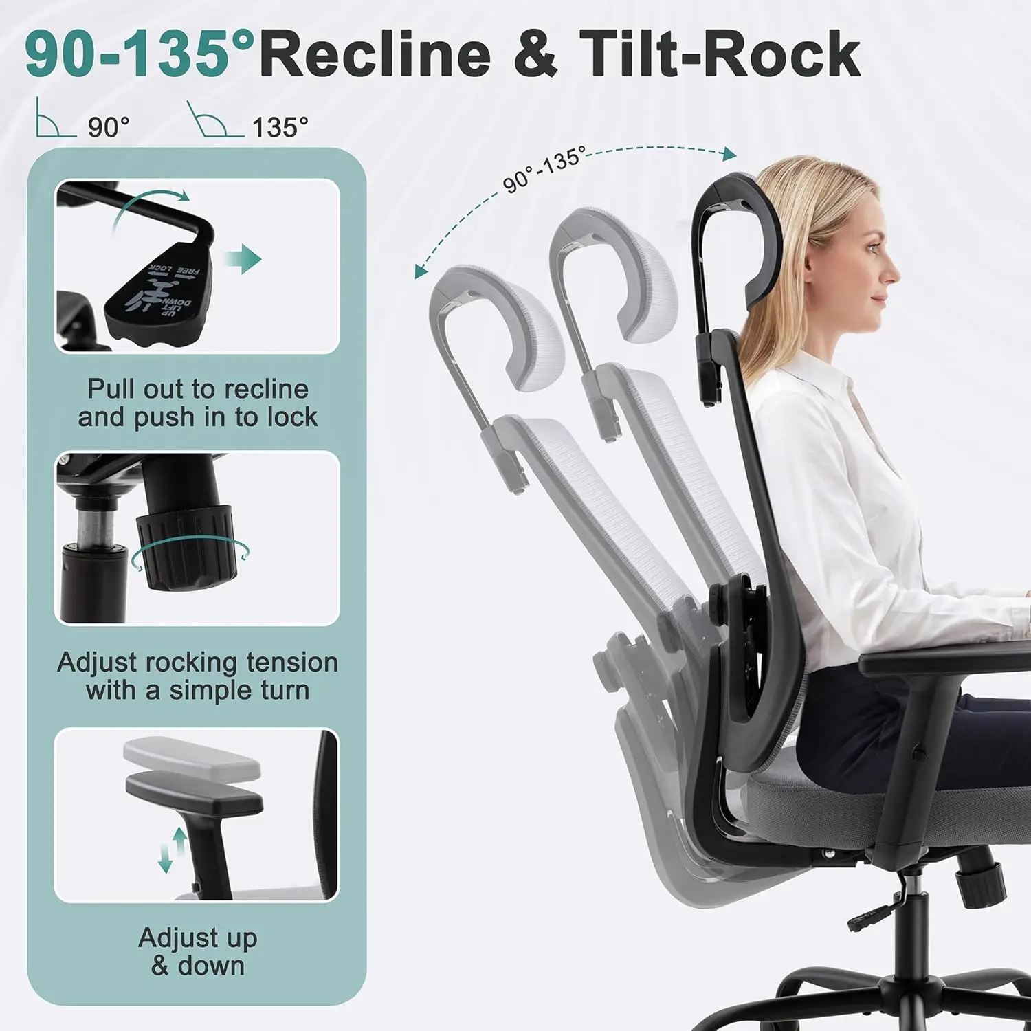 Ergonomic Office Chair with Adjustable Lumbar Support & Headrest, High-Back Mesh Computer Chairs 90-135° Tilt Lock, Executive Ch view 5