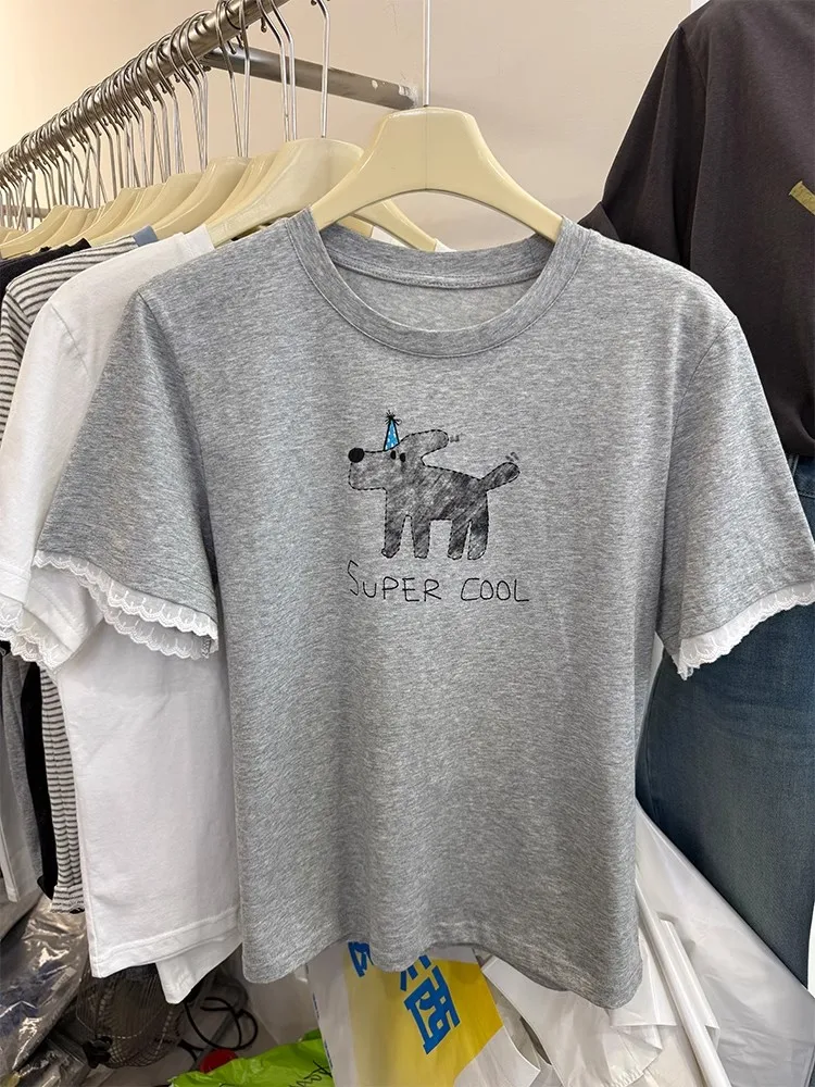 Grande taille 300 Pou dessin animé chien imprimé dentelle Sve rond Ne ort Sve T-irt femmes été nouveau Sle coréen coupe ample