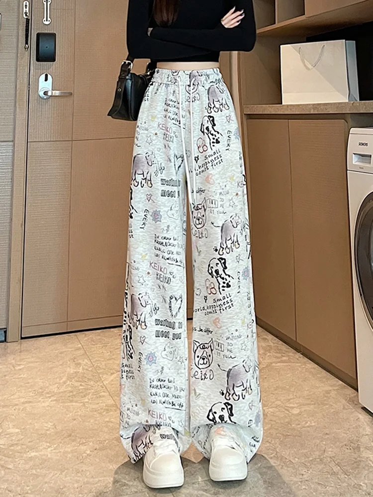Cartoon fiti Print Wide Leg Pants Women's Casual Straight Cut High Waist Loose Fit Versatile Slimming Autumn Faion