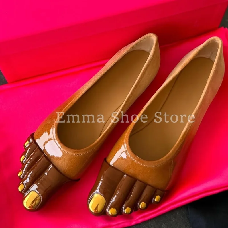 

New Arrival Golden Toe Decor Ballet Flats Brown Slip On Patent Leather Soft Women's Shoes Lady Casual Five Fingers Loafers