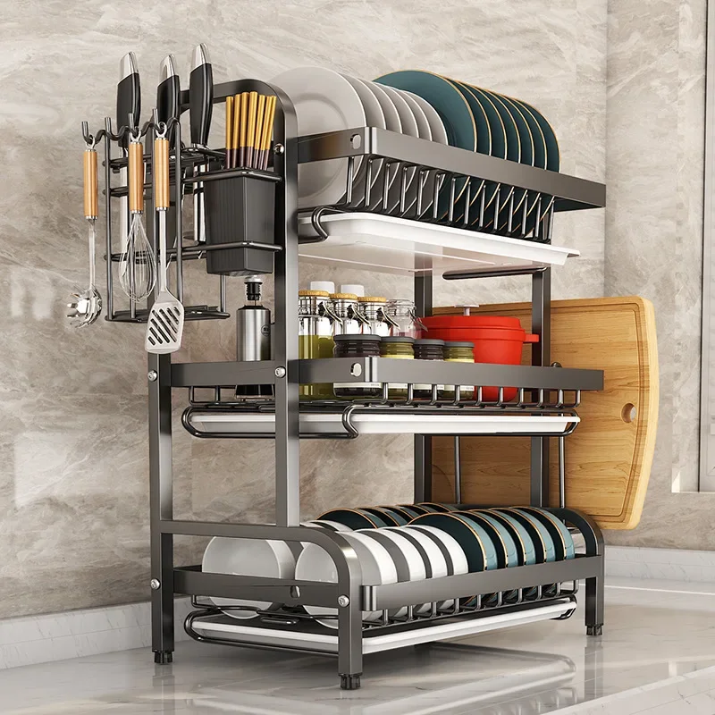 2/3-Tier Carbon Steel Dish Rack with Utensil Holder Compact Rustproof Kitchen Dishes Dryer Countertop Organizer & Drying Drainer