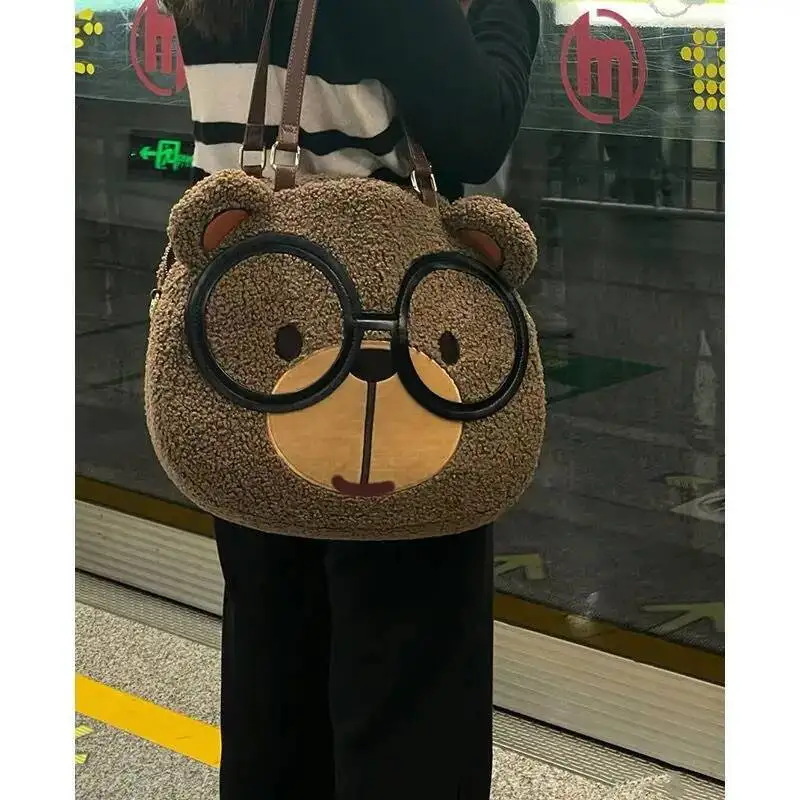 Bloom Plush Bear Brown Shoulder Women Haruku Aesthetic Large Capacity Cacsual Handbag Ladies Retro Cute Crossbody Bags