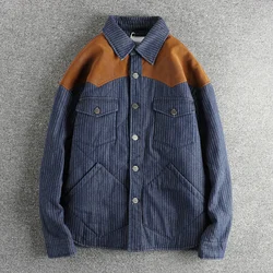 Split leather denim striped jacquard fabric denim jacket men's retro trend multi-pocket cargo cotton jacket