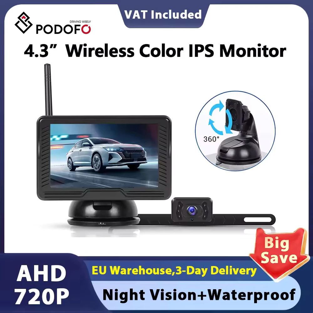 Podofo 4,3 Zoll Auto-Monitor LCD IPS-Bildschirm Rückfahrkamera Drahtlose Rückfahrkamera Anti-Interferenz Lange Reichweite IP69 Wasserdicht