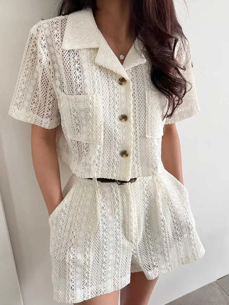 

Clothland Women Elegant Lace Blouse Shorts Suit Short Sleeve Transparent Shirt Mini Shorts Black White Two Piece Set TA588
