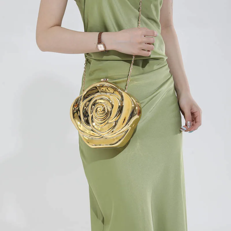 3D Rose Flower Shaped Evening Clutch Bag Fashion Metallic Mirror Finish Hard Case Purse with Chain Luxury Floral Handbag view 4