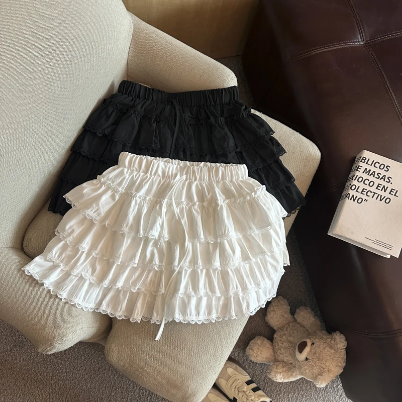 Sweet Youthful Lace Splice Cake Skirt Women Pure Desire High Waist Elastic Drawstring  Skirt Short Skirt