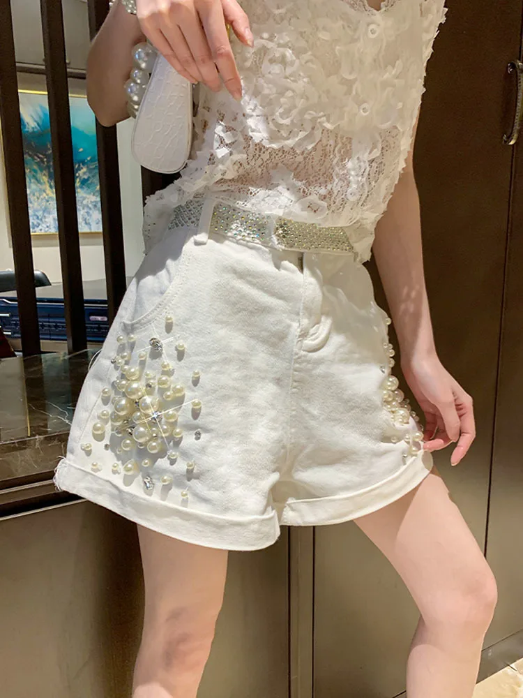 Hot Diamond  Shorts Women's Summer 2023 New European Station Heavy Duty Studded Beads High Waist Slim Wide Leg Pants Fashion