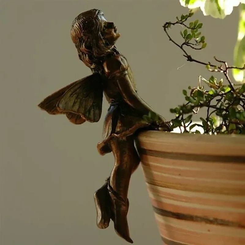 Cute Angel Girl Hanging Cup Resin Decoration Fairy Combination Flower Basket Edge Decor for Garden Design Garden Pot Ornaments