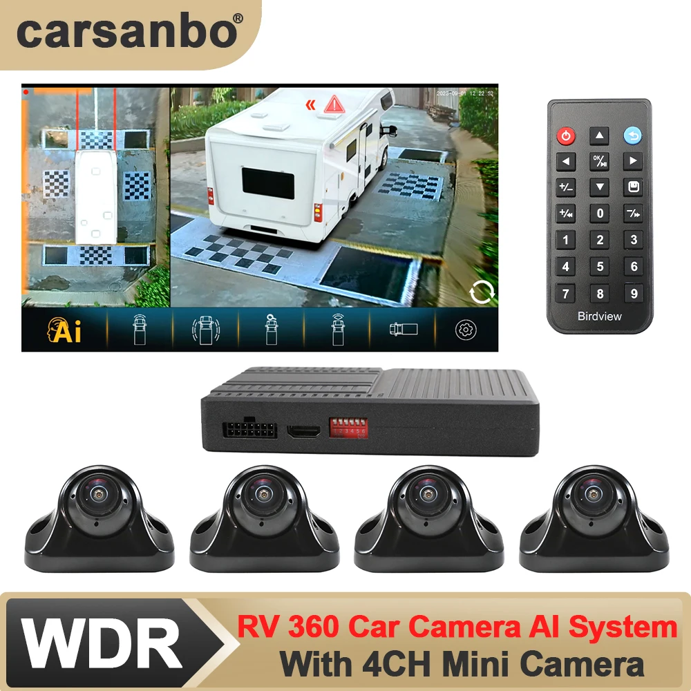 Carsanbo For RV Bus Truck AI 360 Bird View Car Camera 4CH AHD 1080P WDR Night Vision Cameras 3D Surround View System