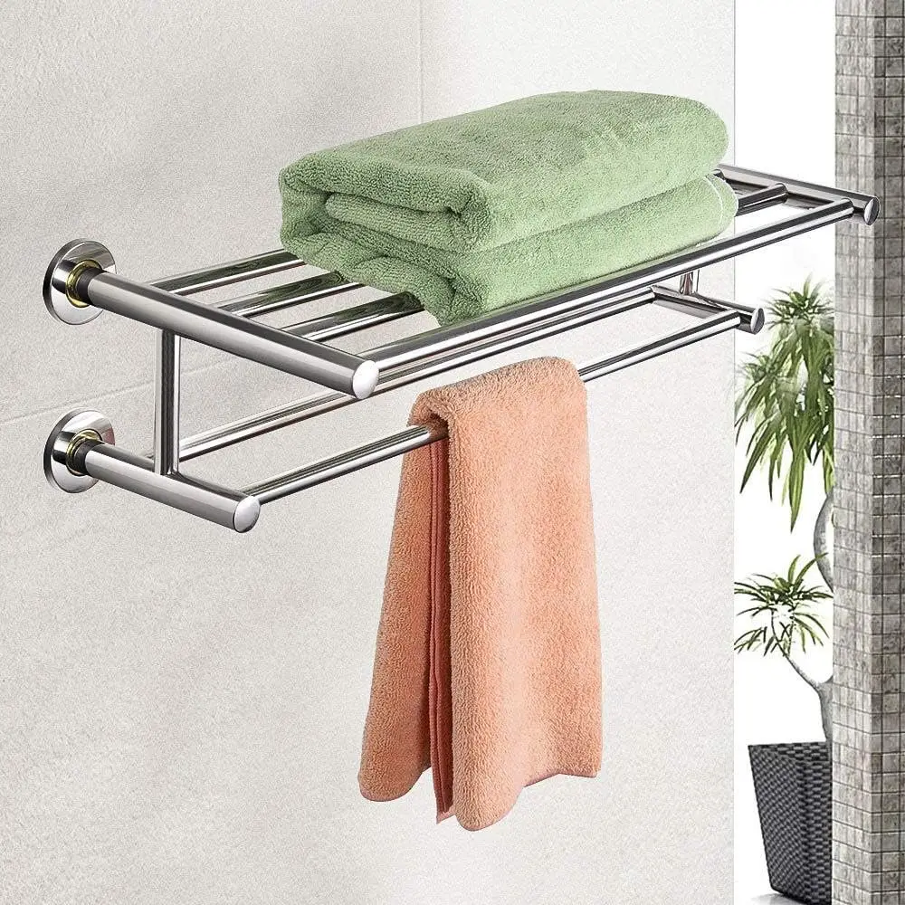 Modern Stainless Steel 24 Inch Double Storage Tier Towel Rack Wall-Mounted Bathroom and Kitchen Towel Bar Holder Organizer