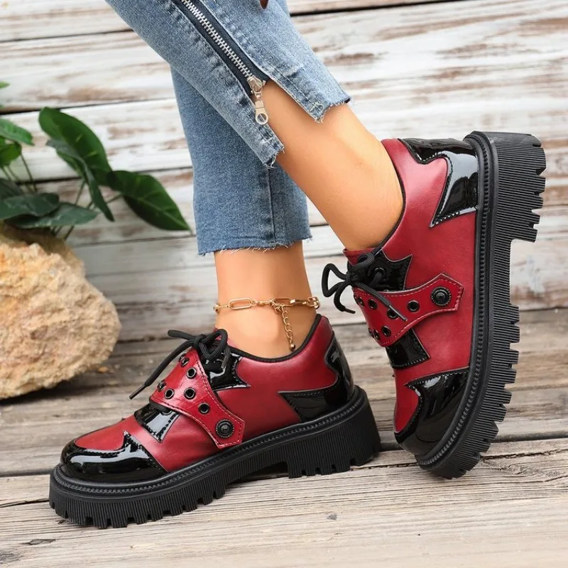 Platform Oxford Shoes Women Comfortable Plus Size 43 Lace Up Pu Leather Shoes Woman Red Thick Sole Loafers - view 4