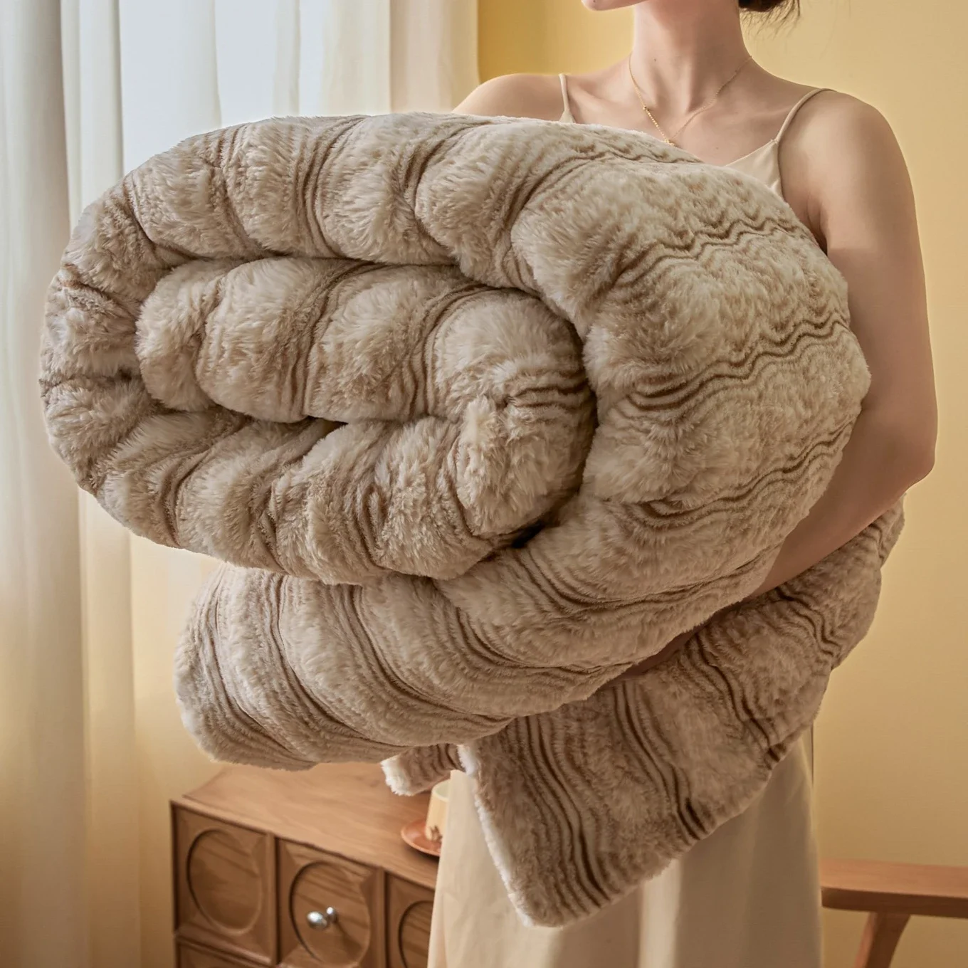 Luxury Wave-Textured Thick Faux Fur Blanket Double Layer Plush Warm Winter Blankets for Bed Fluffy Rabbit Fur Sofa Throw Blanket