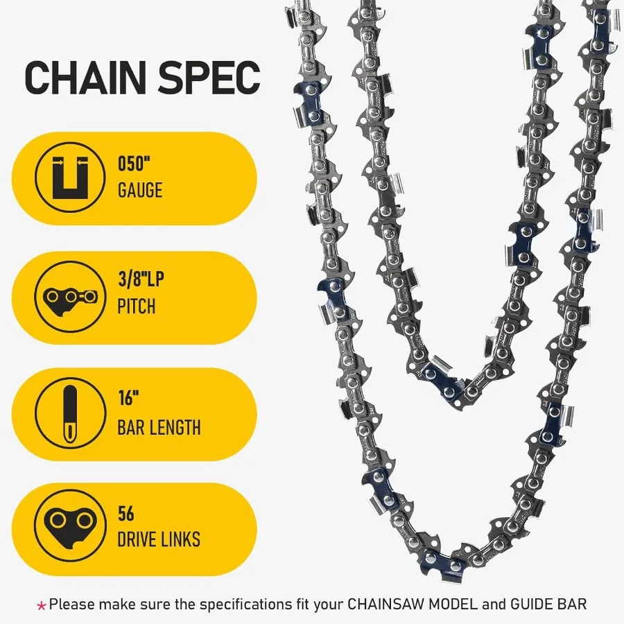 Catena per motosega da 16 pollici con 56 maglie di trasmissione 3 8 Passo basso.050 Calibro Design con ritorno basso Sistema di lubrificazione integrato per l'effica