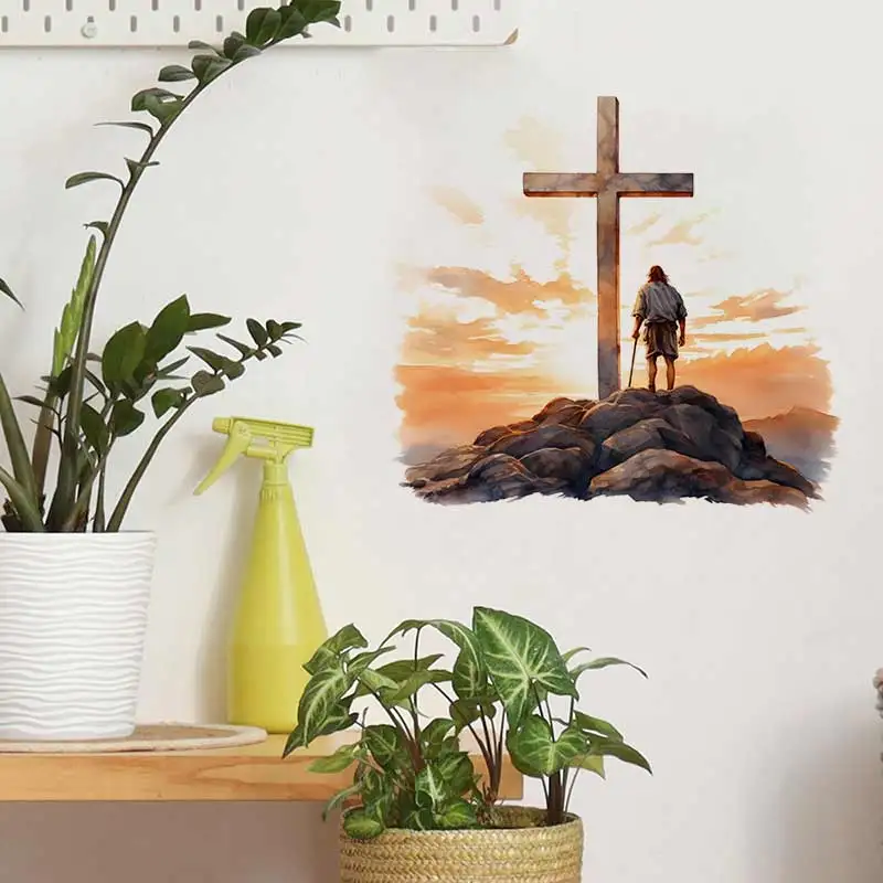 Watercolor Man Before Cross  Sunset Christian Wall Sticker Bathroom Decor Room Cabinet Refrigerator Home Decoration Decals M1508