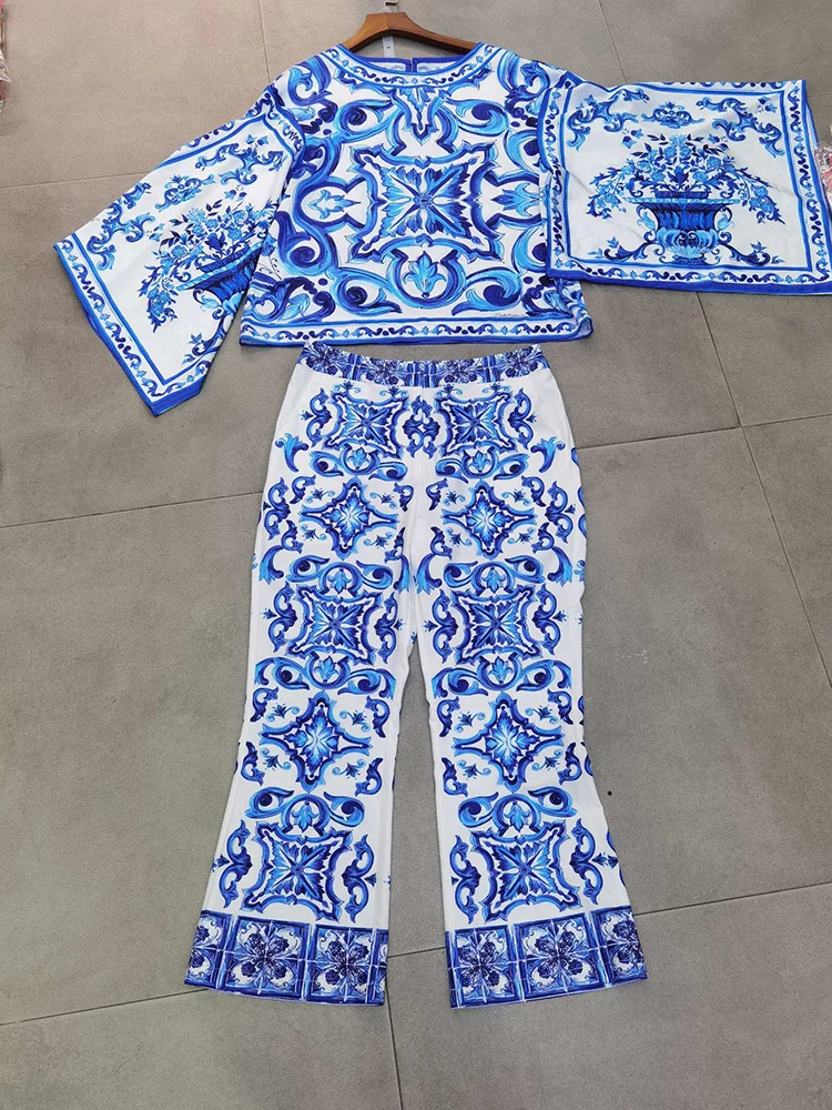 JUNLINNA Runway Fashion Porcelain Printing Two Piece Sets Summer Autumn Women Street Casual Pants Suit