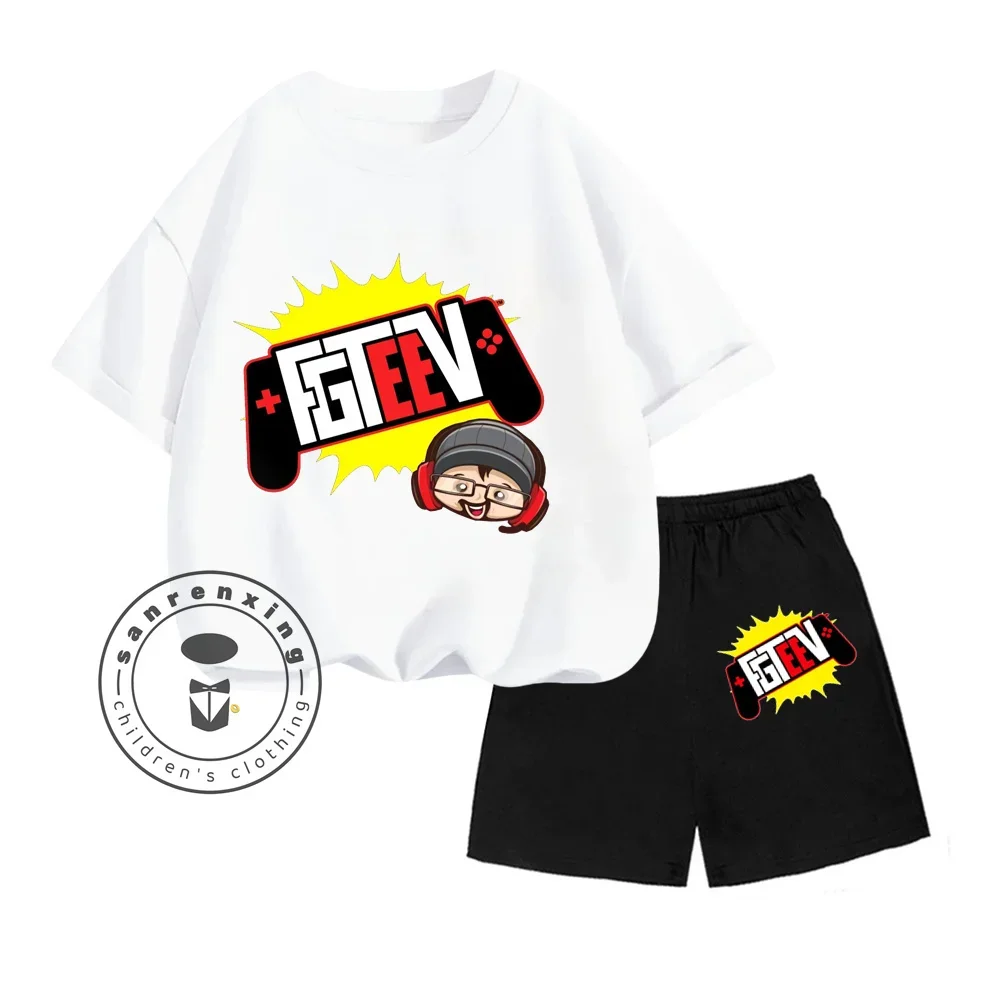 Summer Casual Two-piece FGTeeV Cartoon Print Design Skin-friendly Short Sleeves and Athletic Shorts for Boys and Girls Ages 3-14