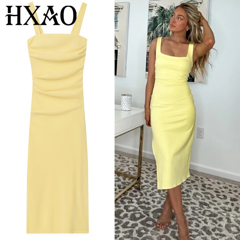 HXAO Rüschen-Slip-Kleid für Damen, Sommer 2022, elegante Abendkleider, Schlitz, ärmellos, rückenfrei, lang, Vestido, schickes Strandkleid