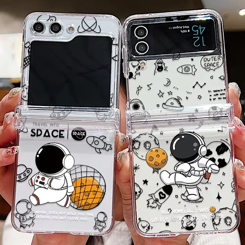 

Cartoon Astronaut Pattern Folding Case For Samsung Galaxy Z Flip7 Flip6 Clear Hard Cover For Samsung Galaxy Z Flip 7 6 5 4 3 5G