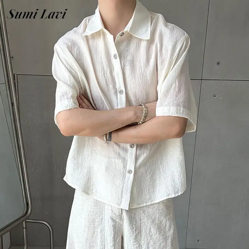 

Vintage Solid Color Textured Shirts Mens 2026 Summer Casual Button-up Turn-down Collar Shirt Tops Men Trendy Breathable Cardigan