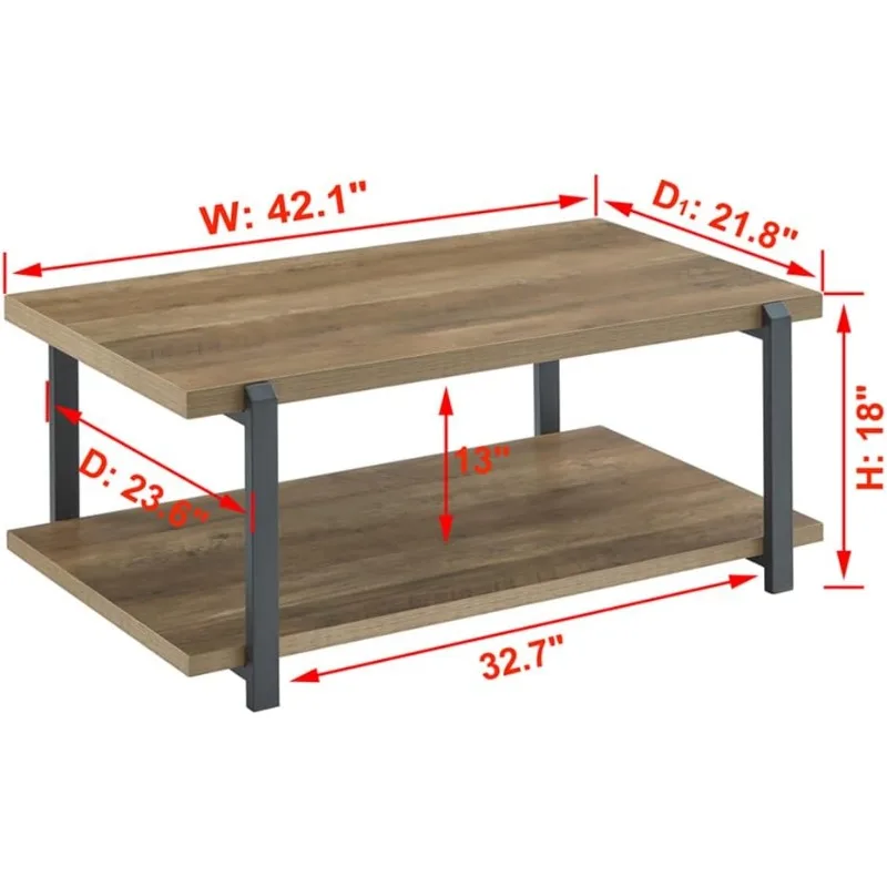 Table basse industrielle avec étagère, table de cocktail rustique en bois et métal pour salon, chêne