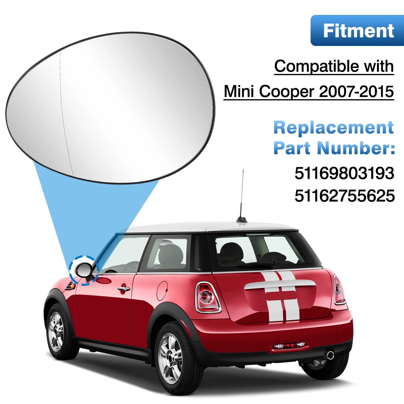 مرآة الرؤية الخلفية الجانبية الساخنة زجاج أبيض/أزرق لميني كوبر R55 R56 R57 2007-2014 51162755625 51162755626 الجانب الأيمن الأيسر #2