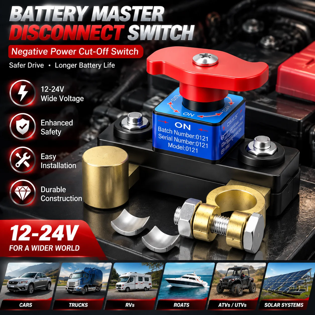 12V 24V Battery Disconnect Switch Negative Terminal Cut Off Switch Aluminum Copper Plated Clamp Car Truck RV Marine Power Isolat
