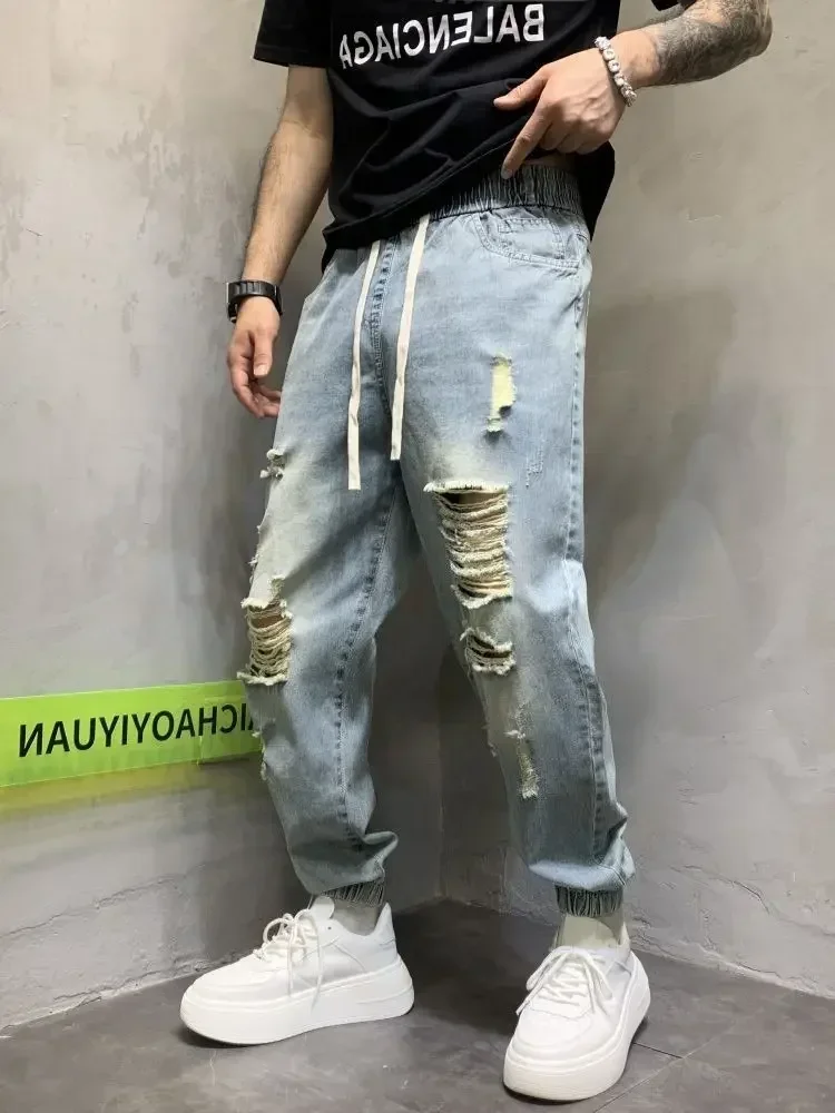 

Trousers Harem with Holes Jeans for Men Broken Male Cowboy Pants Hip Hop Ripped Torn Cotton Plus Size Clothes Y2k 2000s Baggy Xs