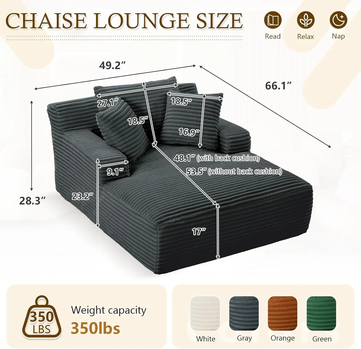 Oversized Chaise Lounge Indoor,Sofa Bed w/ Throw Pillows & Armrests, Corduroy Sleeper Sofa Couch w/ Pillows, Recliner Cloud Chai