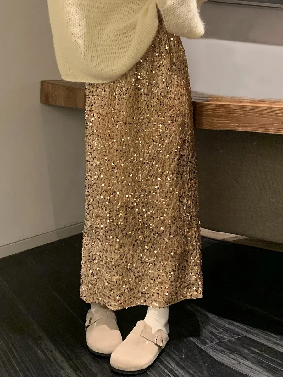 Falda larga Vintage brillante con lentejuelas para mujer, falda informal elegante con cintura elástica, ropa de calle Grunge de hadas estética, ropa para fiesta y discoteca
