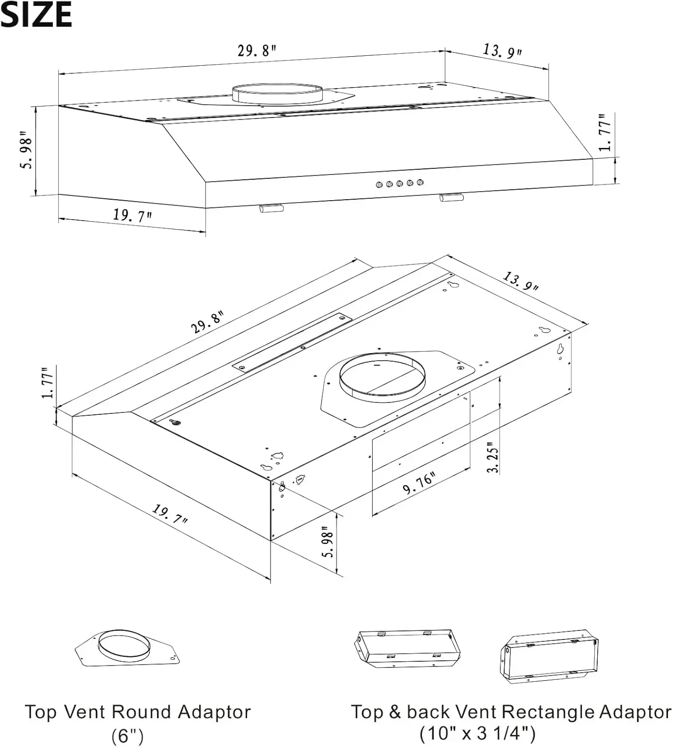 Under Cabinet Range Hood, Stainless Steel Kitchen Hood with  3 Speed Exhaust Fan, Reusable Filter