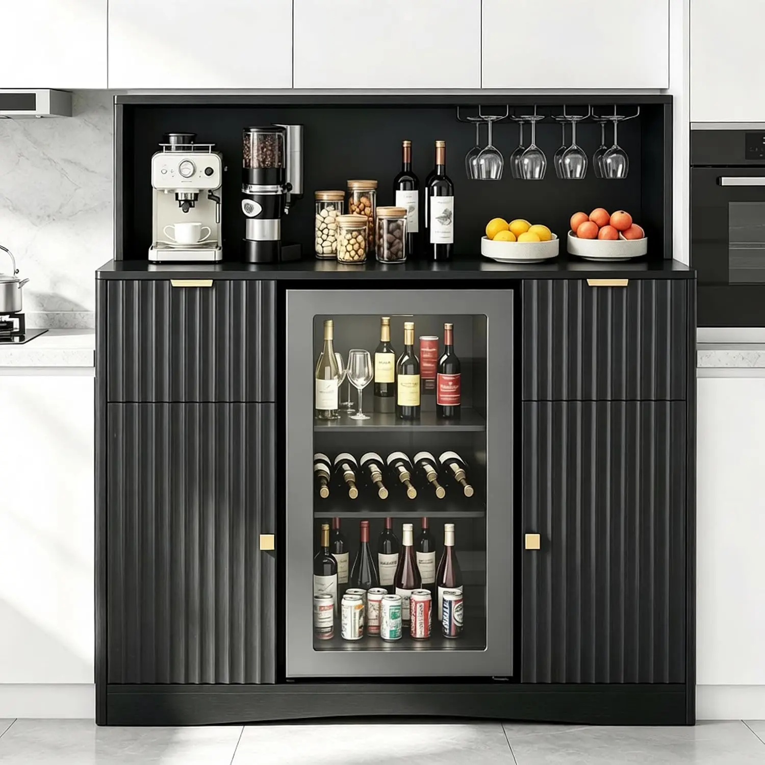 Fluted Bar Cabinet with Mini Fridge Space & Outlet, Home Kitchen Storage, Customized